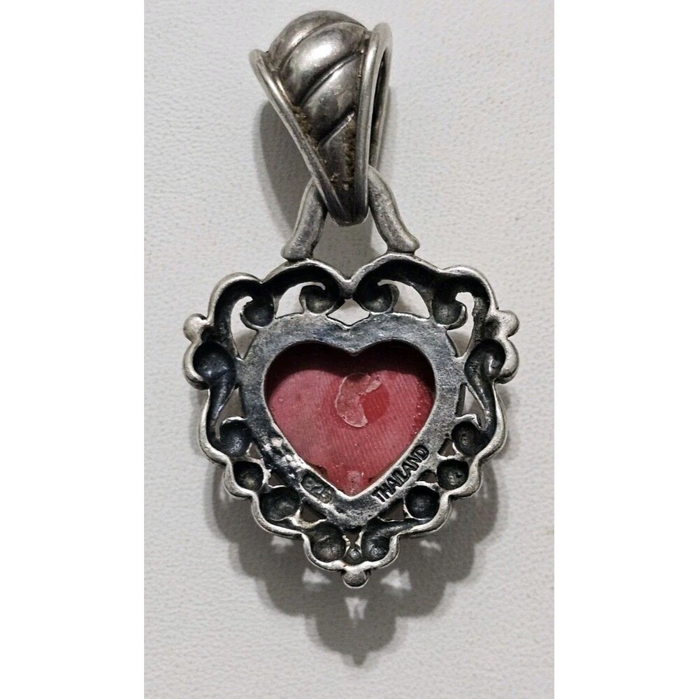 Vintage Sterling Silver 925 Scroll Red Stone Heart Pendant - Picture 6 of 6